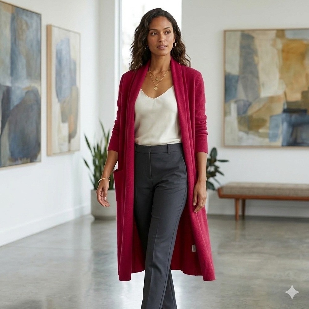Maxsport Womens Red Longline Open Front Shawl‎ Collar Cardigan Sweater M